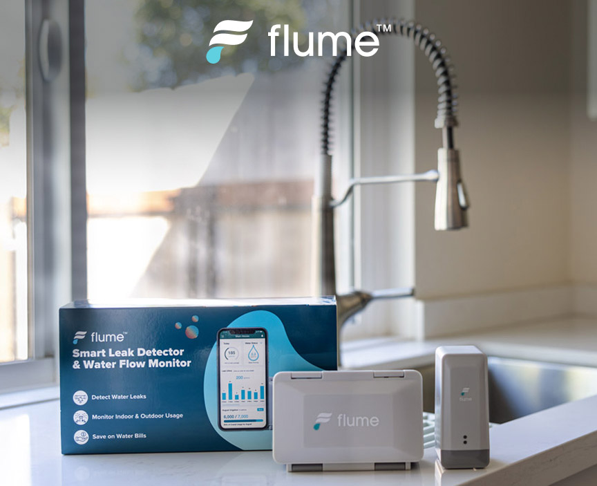 Flume smart leak detector and water flow monitor on kitchen counter.